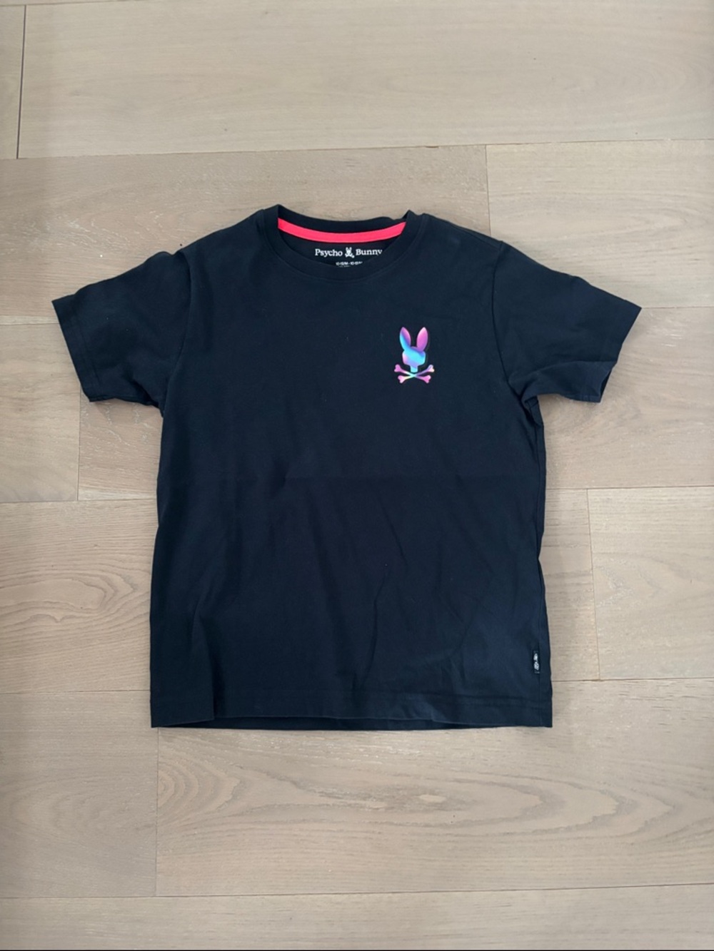 Psycho Bunny Black Tee with Pink and Blue Gradient Logo